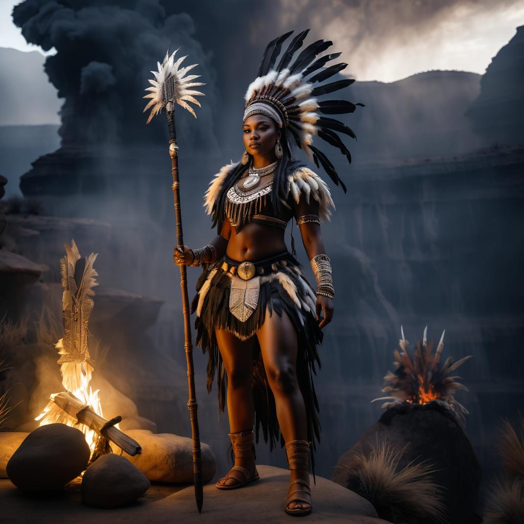 Powerful Woman in Tribal Attire with Smoke and Fire