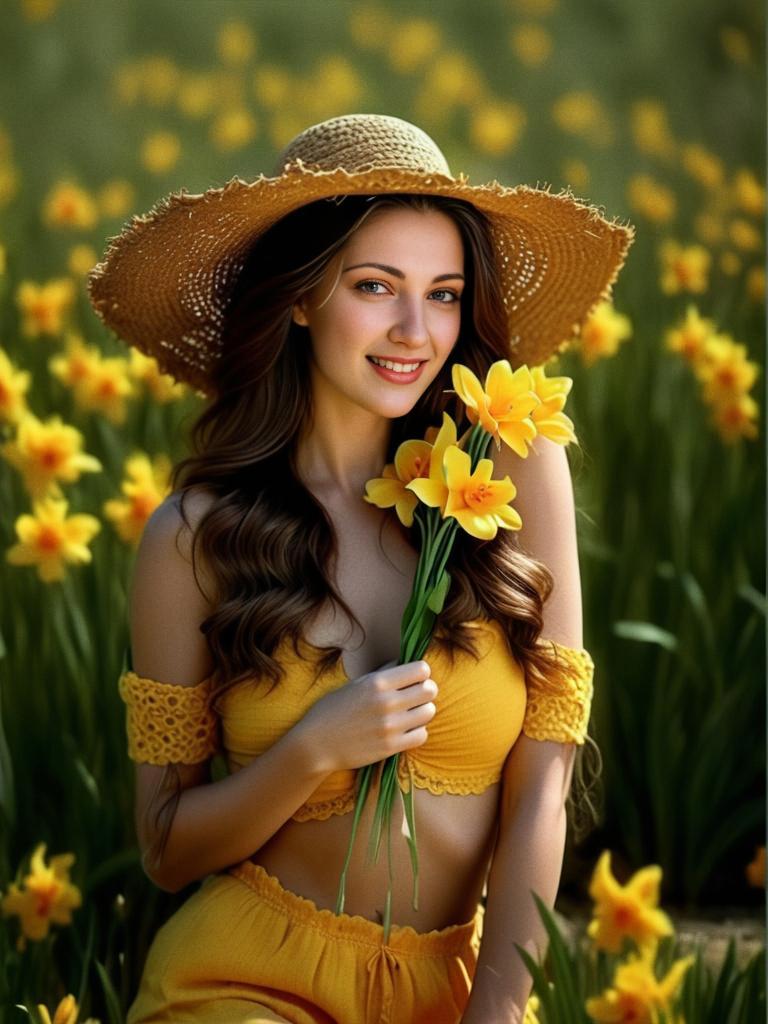 Cheerful Woman in Flower Field with Yellow Bouquet