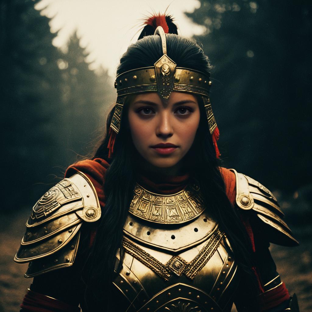 Woman in Detailed Golden Armor Helmet Forest Portrait