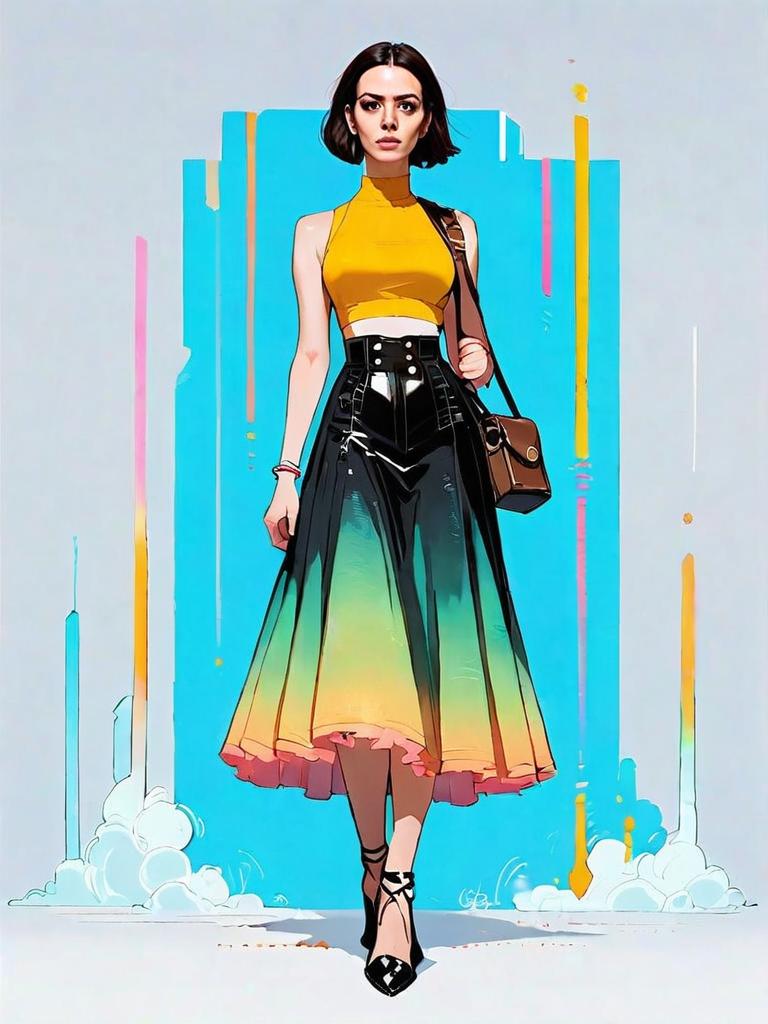 Stylish Woman in Yellow Crop Top and Ombre Skirt - Comic Realistic Digital Illustration