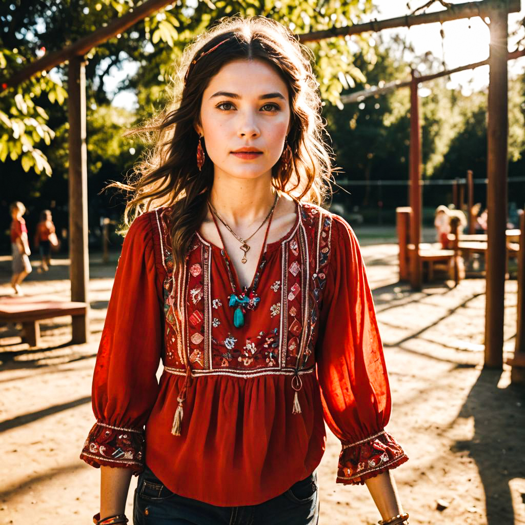 Confident Young Woman in Red Blouse at Playground