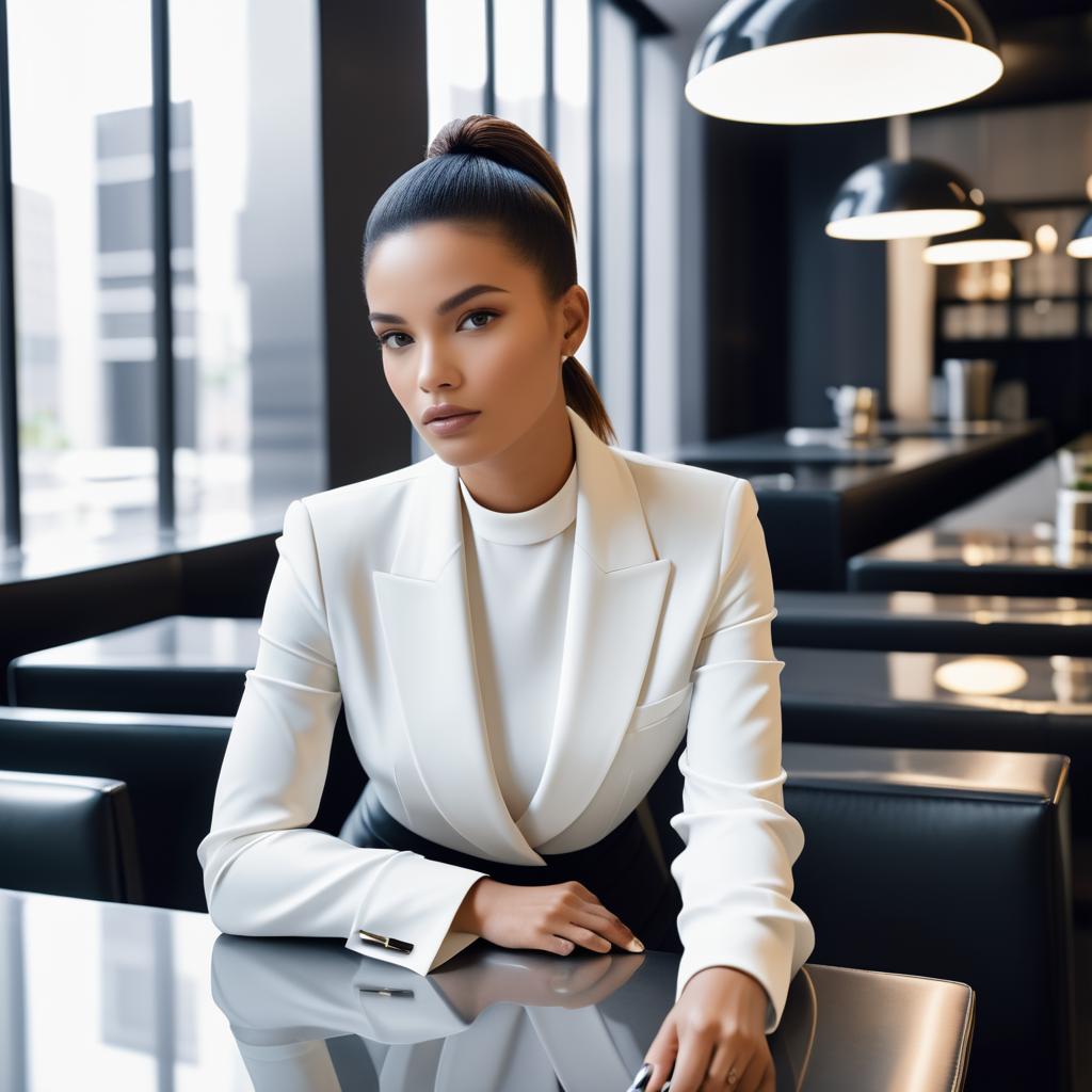 Confident Woman in White Blazer at Modern Cafe