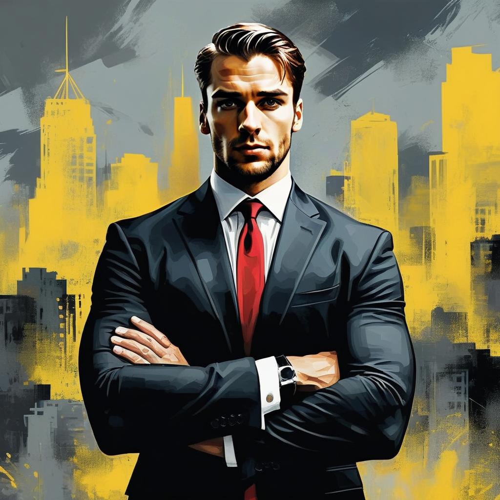 Confident Man in Business Suit with Urban Cityscape Digital Illustration