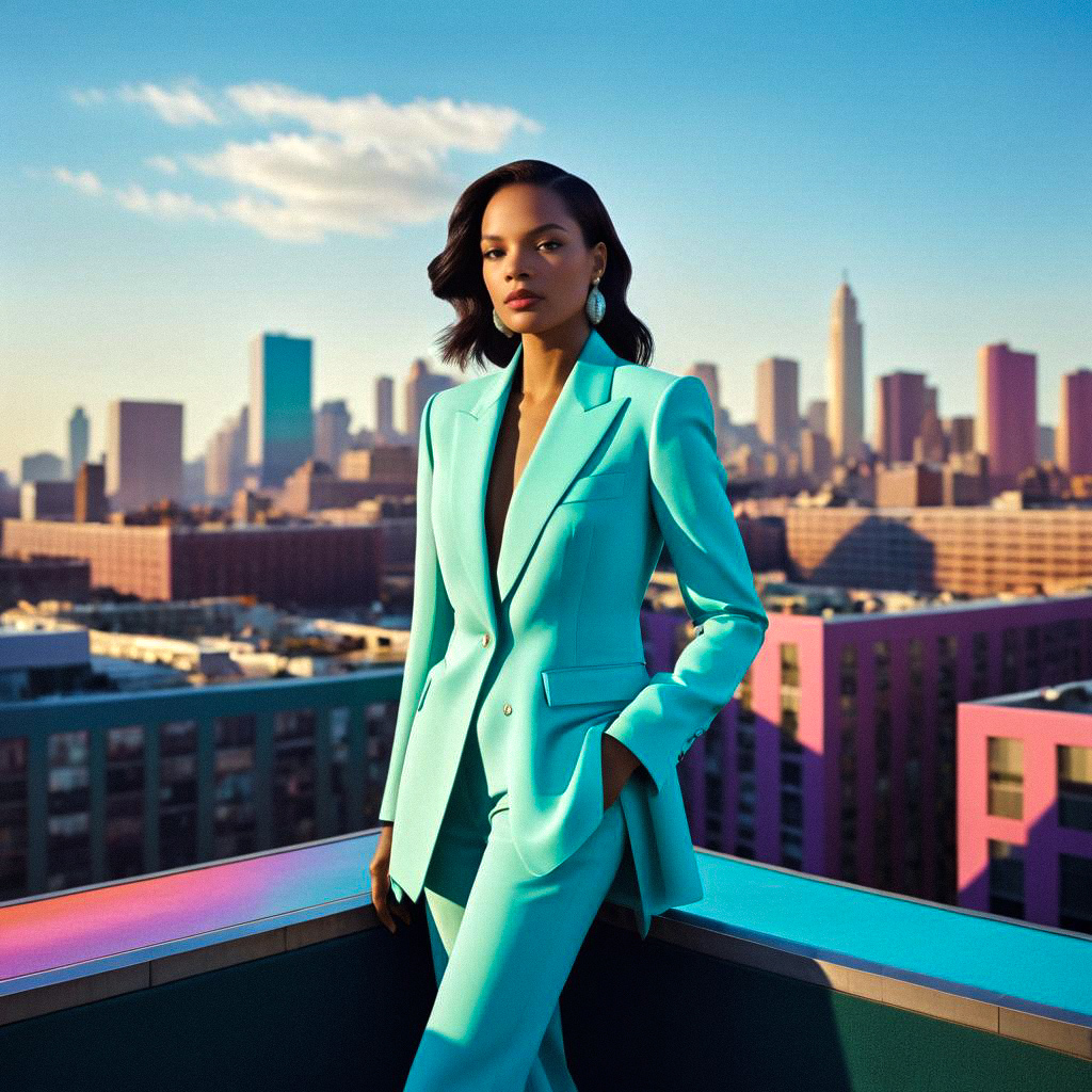 Glamorous Woman in Turquoise Suit Against Urban Skyline