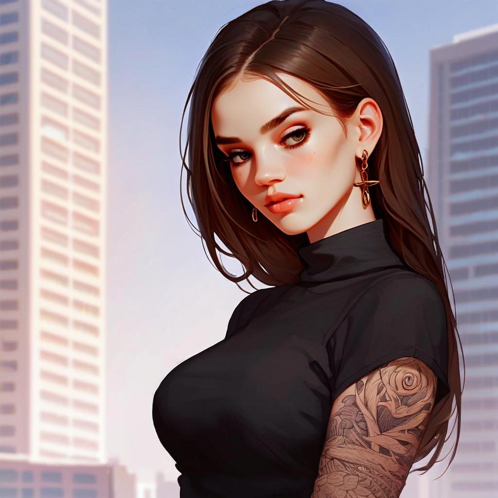 Young Woman with Tattoo Sleeve and City Background Young Woman with Tattoo Sleeve and City Background