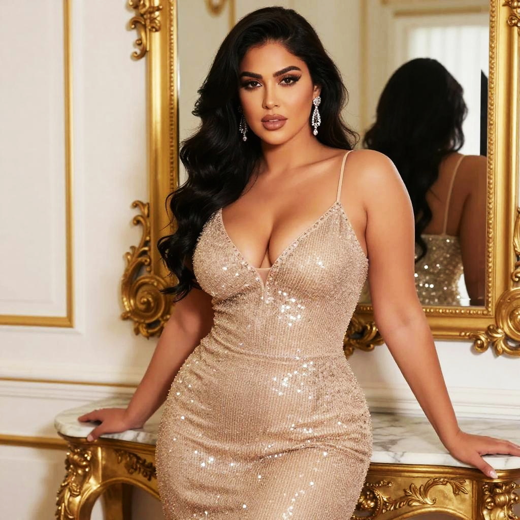 Glamorous Woman in Rose Gold Sequin Dress with Ornate Gold Mirror