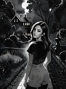 Young Woman on Cobblestone Path - Grayscale Digital Art