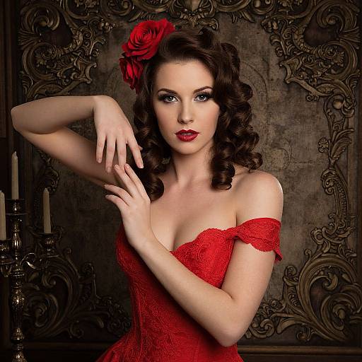Elegant Woman in Red Lace Dress with Vintage Ornate Background