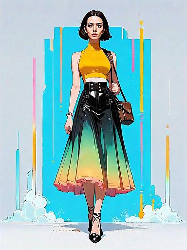 Stylish Woman in Yellow Crop Top and Ombre Skirt - Comic Realistic Digital Illustration