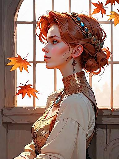 Fantasy Digital Portrait of Woman with Autumn Leaves and Ornate Headband