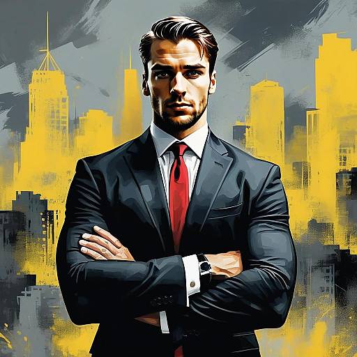 Confident Man in Business Suit with Urban Cityscape Digital Illustration