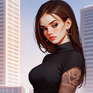 Young Woman with Tattoo Sleeve and City Background
