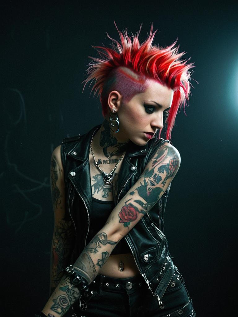 Punk Rock Woman with Red Spiked Mohawk and Tattoos in Leather Vest