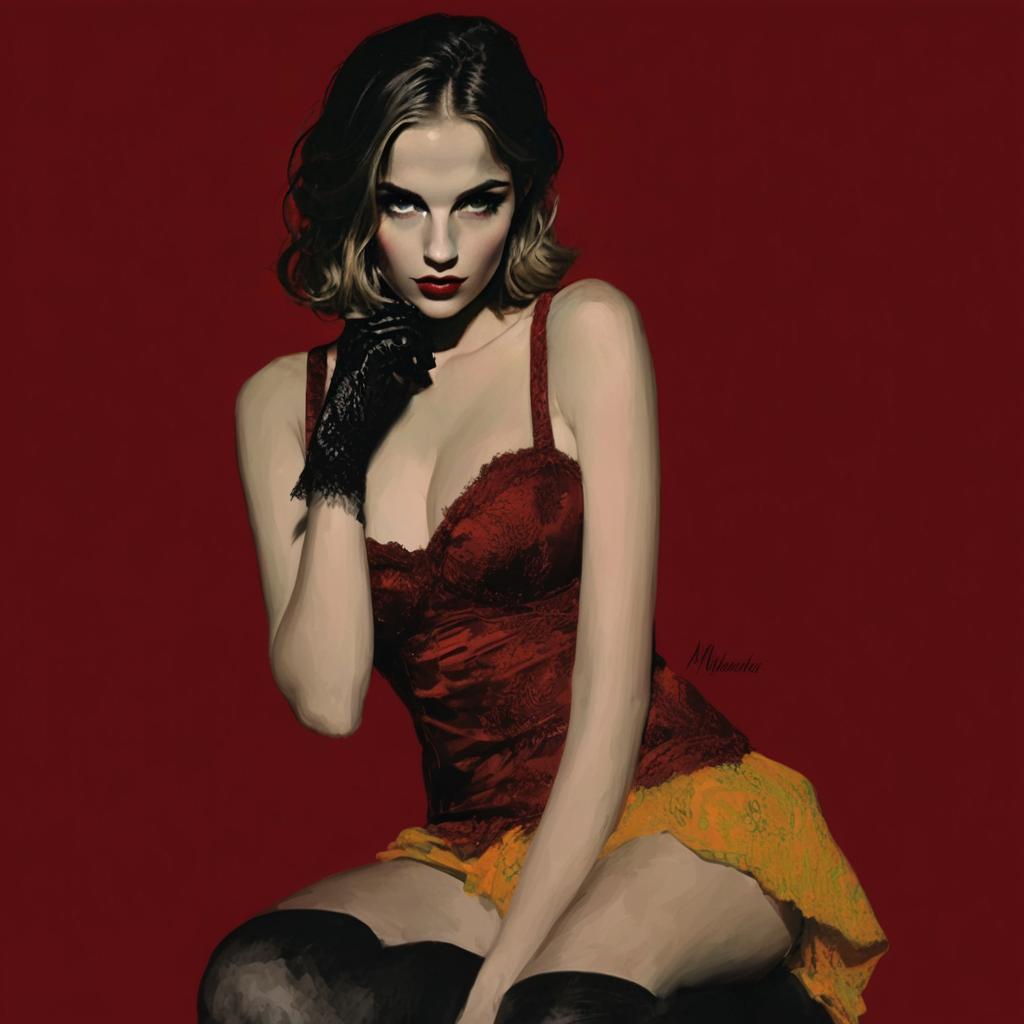 Digital Painting of Woman in Burgundy Corset and Yellow Lace Skirt Digital Painting of Woman in Burgundy Corset and Yellow Lace Skirt