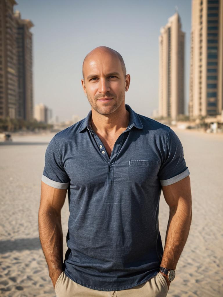 Confident Man on Beach with Urban Background