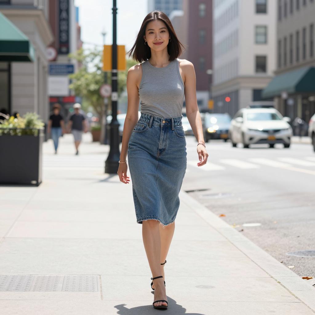 Young Woman Walking in City Street Casual Denim Skirt Outfit