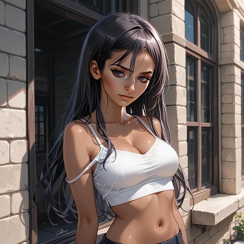 Anime Style Illustration of a Woman with Long Dark Hair by Brick Building