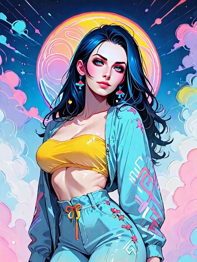 Fantasy Digital Portrait of Woman with Blue Hair in Colorful Nighttime Sky