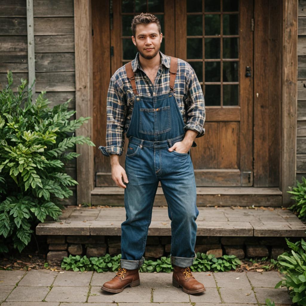 Man in plaid shirt and denim overalls