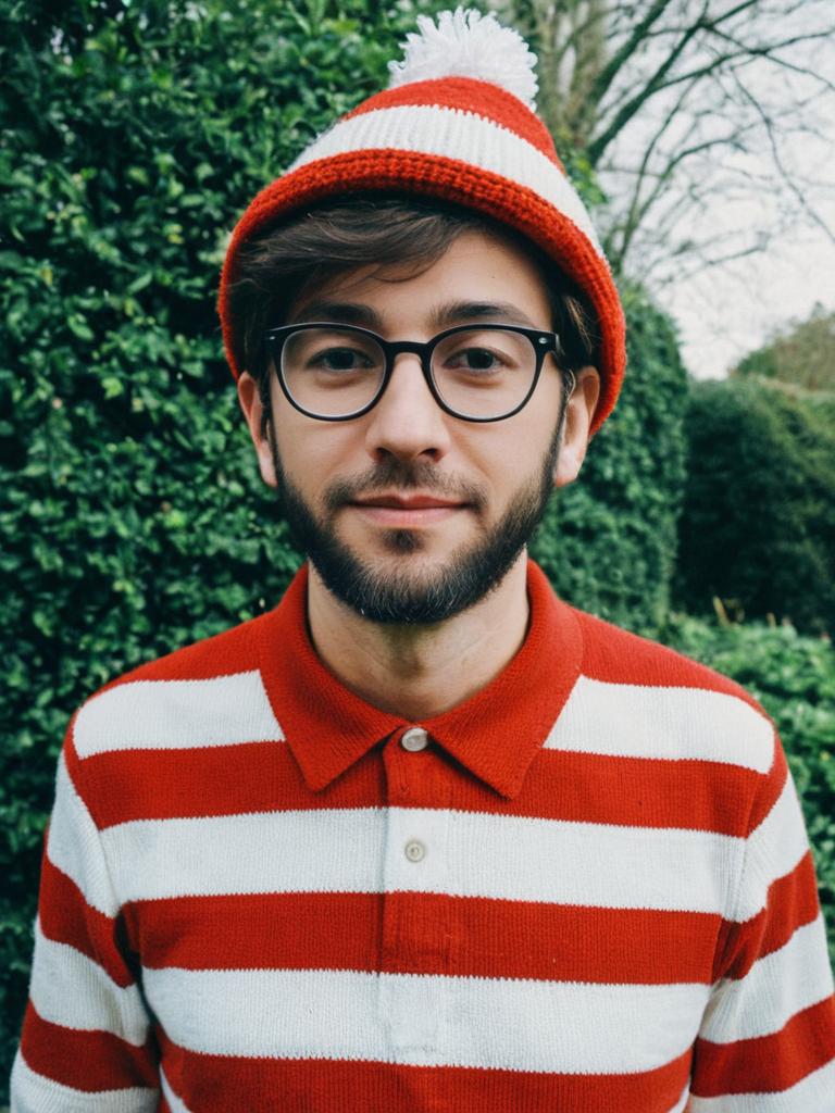 Man in Detailed Where's Wally Costume Outdoors Cosplay Portrait