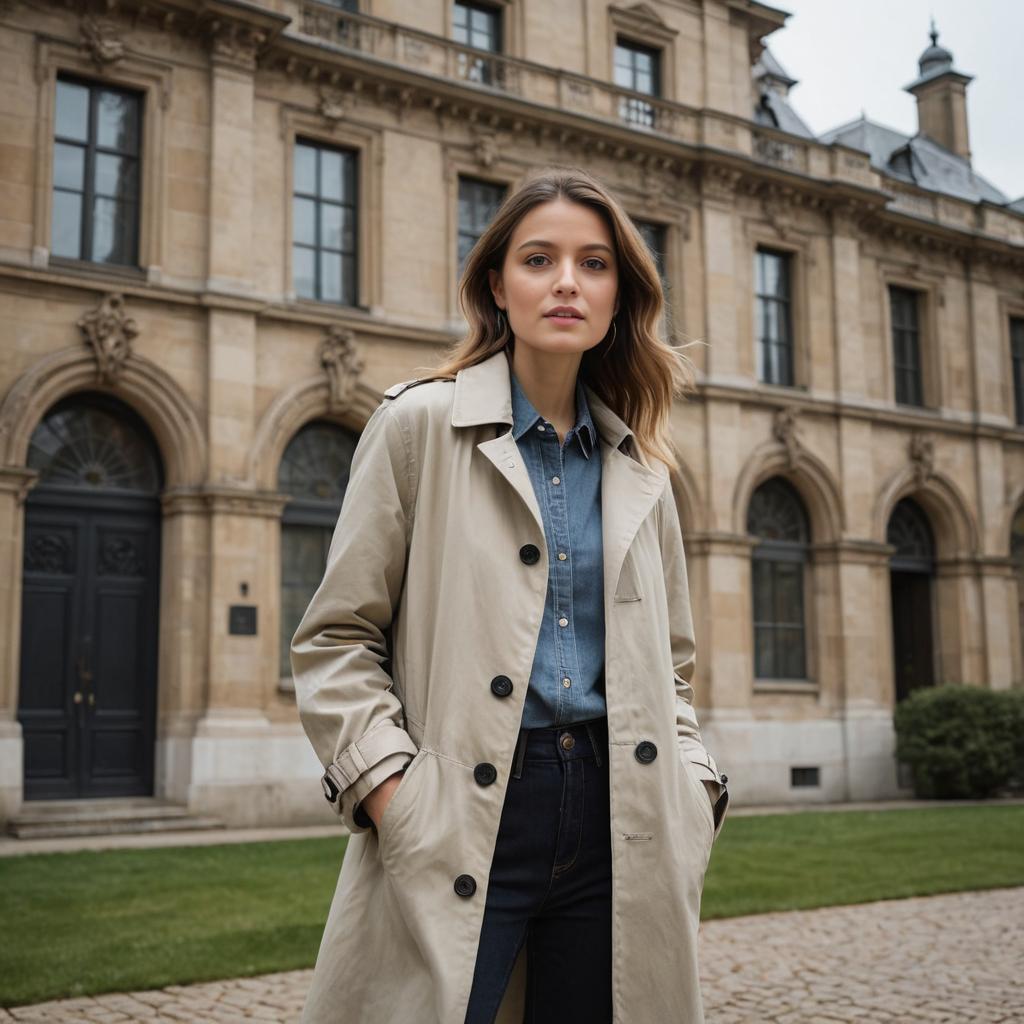 Stylish Woman in Trench Coat Against Classic Architecture