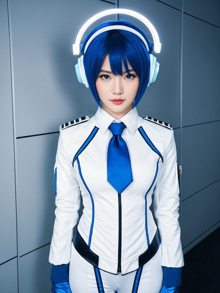 Futuristic Blue Archive Woman with Headphones in Sci-Fi Uniform