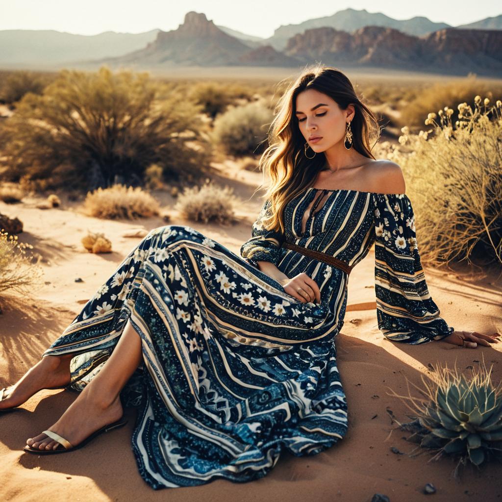 Woman in Floral Maxi Dress in Desert Landscape