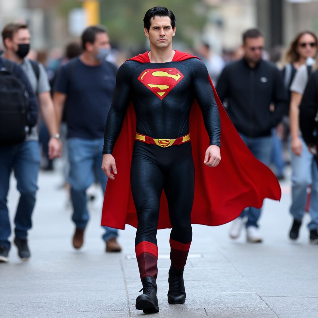 Man in Modern Black and Red Superman Costume Walking in City