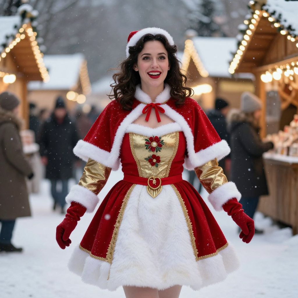 Festive Woman in Elegant Santa Dress at Snowy Christmas Market