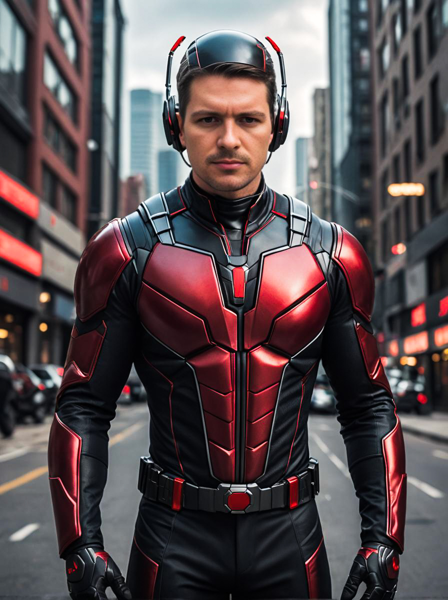 Man in Ant-Man Costume in Urban Setting