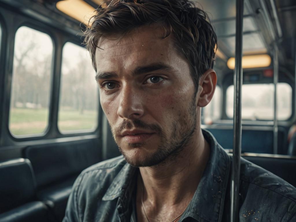 Weary Man on Bus - Close-Up