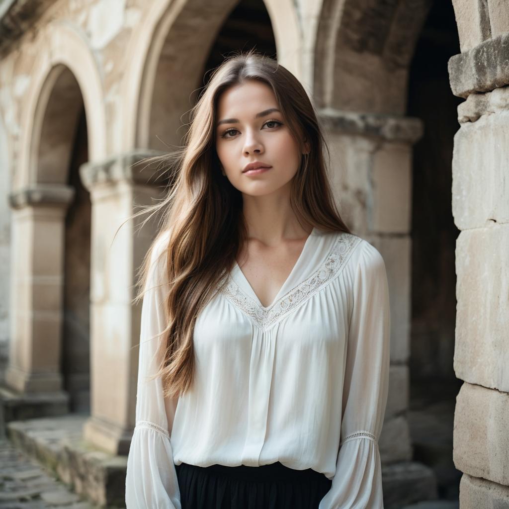 Young Woman in White Blouse Posing by Historic Stone Arches