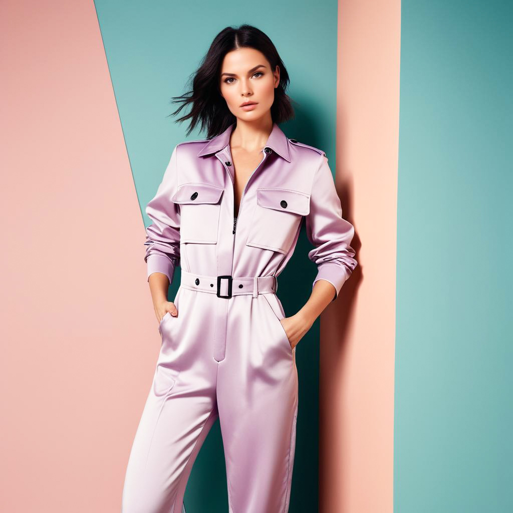 Stylish Woman in Lilac Jumpsuit Against Pastel Background