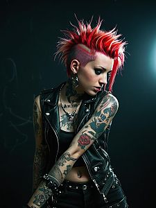 Punk Rock Woman with Red Spiked Mohawk and Tattoos in Leather Vest