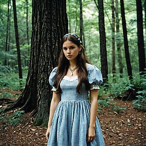 Young Woman in Vintage Blue Gingham Dress in Forest