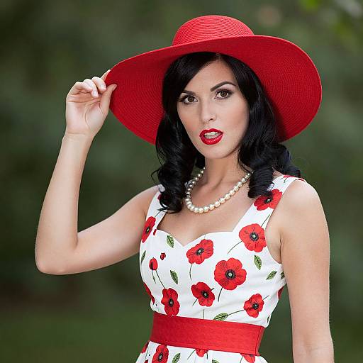 Vintage Style Woman in Red Hat and Poppy Floral Dress