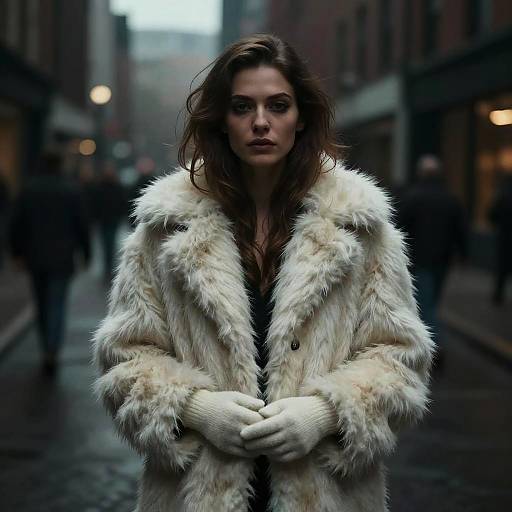 Woman Wearing White Fur Coat and Gloves Standing on Urban Street