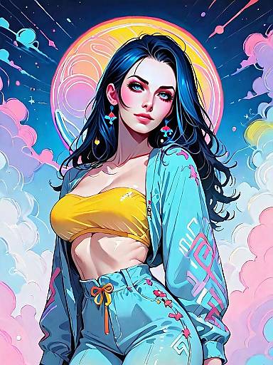 Fantasy Digital Portrait of Woman with Blue Hair in Colorful Nighttime Sky