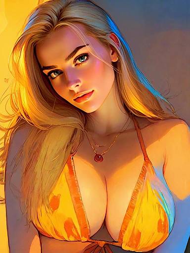 Portrait of Blonde Woman in Orange Bikini Digital Illustration