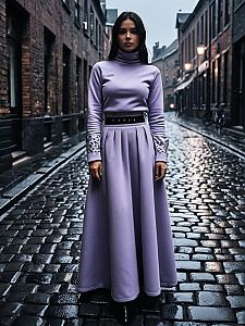 Elegant Woman in Lavender Outfit on Cobblestone Street