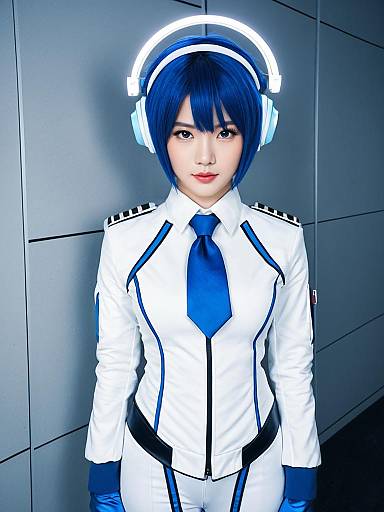 Futuristic Blue Archive Woman with Headphones in Sci-Fi Uniform