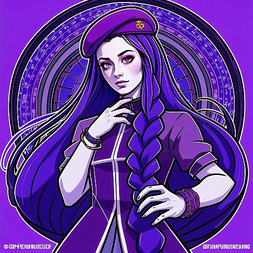 Purple Haired Woman with Beret in Anime Style Digital Art