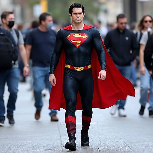 Man in Modern Black and Red Superman Costume Walking in City