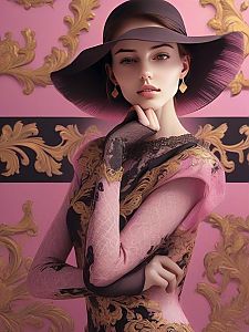 Elegant Woman in Intricate Outfit with Wide-Brimmed Hat