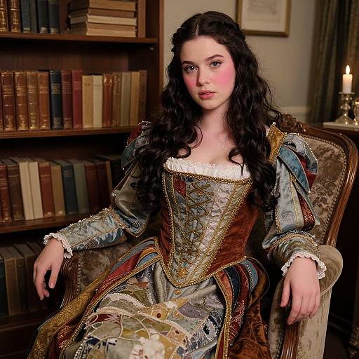 Young Woman in Renaissance Dress Sitting in Antique Armchair in Vintage Study