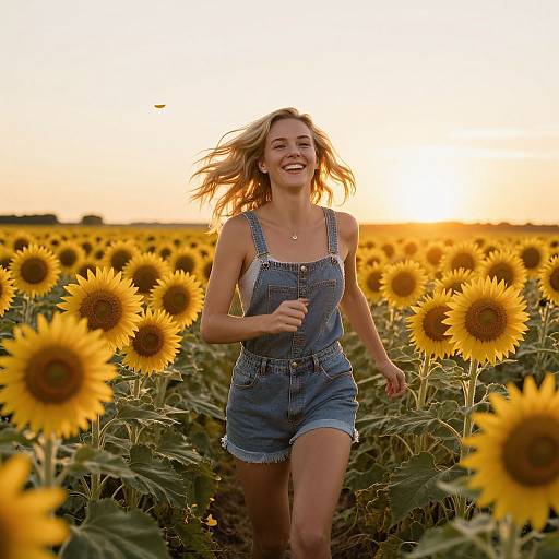Happy Woman Running in Sunflower Field at Sunset