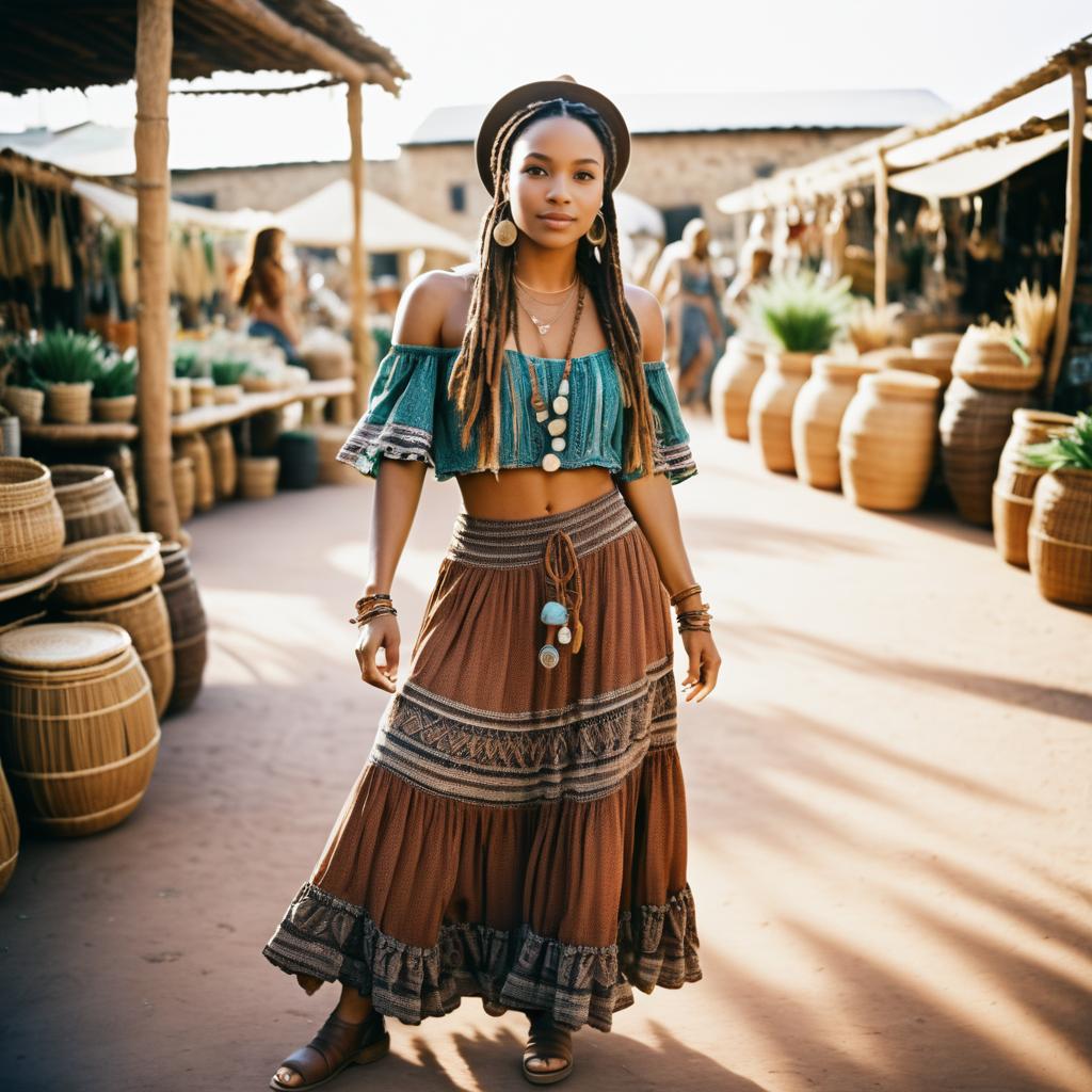 Stylish Woman in Bohemian Market Scene