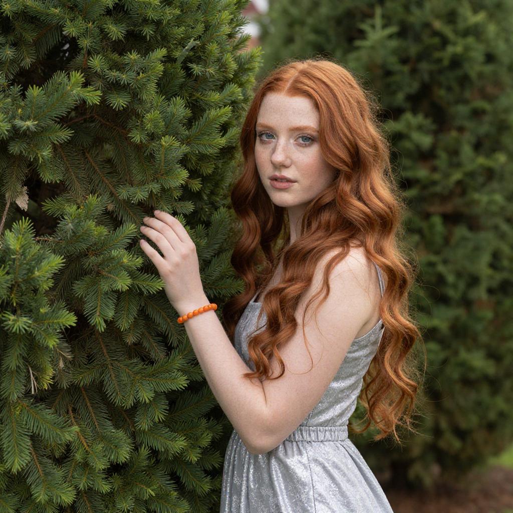 Young Woman with Red Hair in Silver Dress Next to Pine Tree