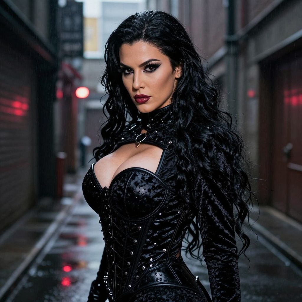 Gothic Woman Wearing Black Corset in Urban Alleyway Fashion Portrait