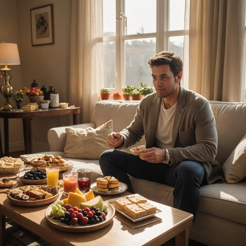 Man enjoying snacks in cozy home